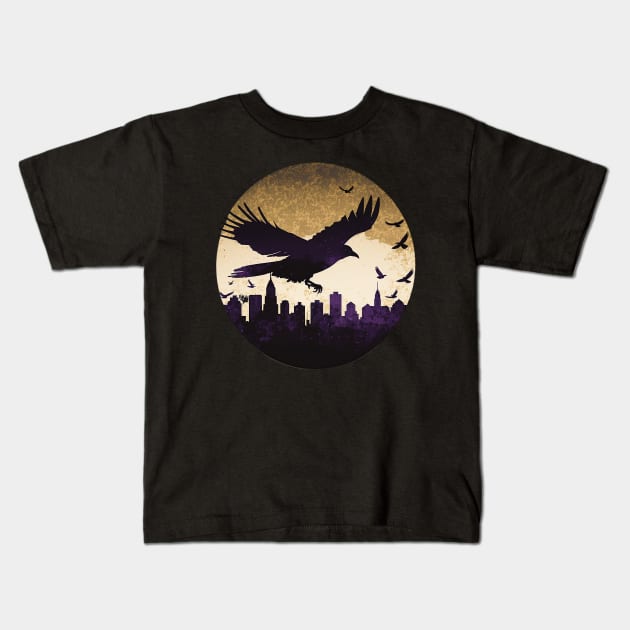 Raven over Baltimore Skyline T-Shirt: A Striking Cutout Tribute in Purple, Black, and Gold Kids T-Shirt by 20th Century Tees